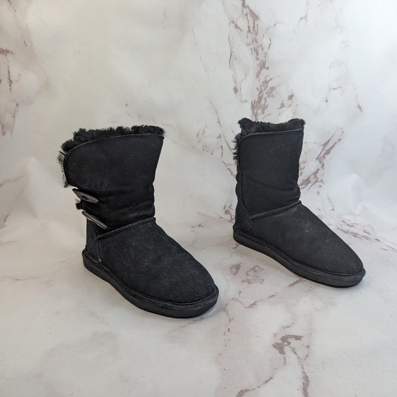 Bearpaw Boot Women US 6 EU 37 Black Shearling Fur Sheepskin Toggle Calf - Picture 4 of 12